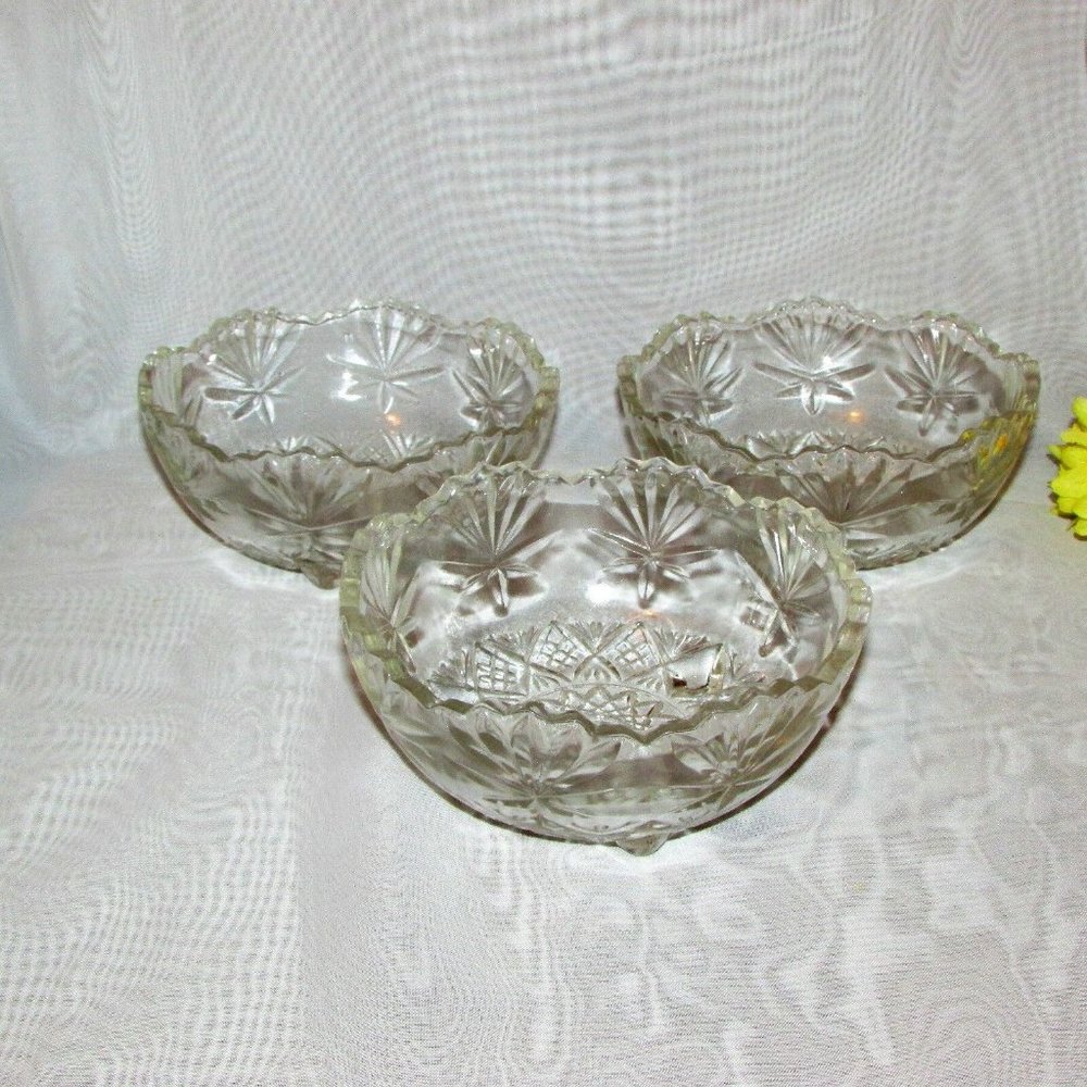 3 Vintage Clear Glass Dessert Snack Bowls Footed Fancy Pattern Cottagecore
